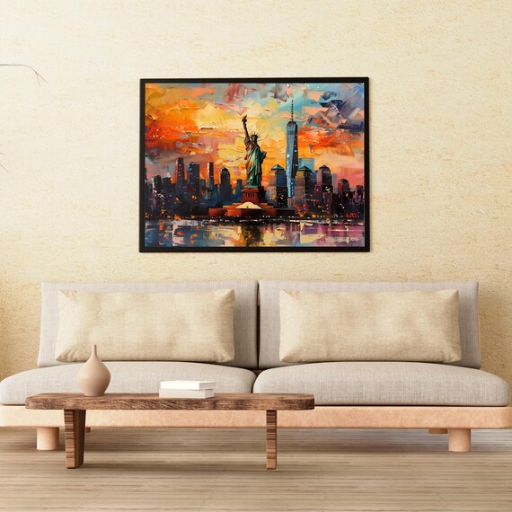 Statue of Liberty New York Skyline Sunset Oil Painting Poster
