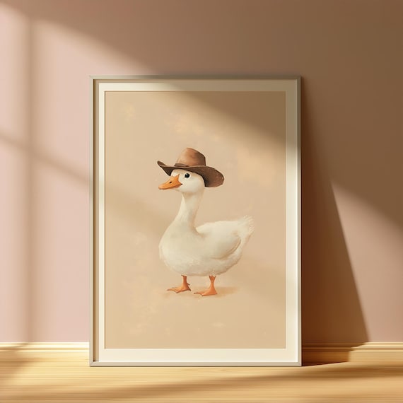 White Duck Wearing Cowboy Hat Cute Beige Nursery Wall Poster
