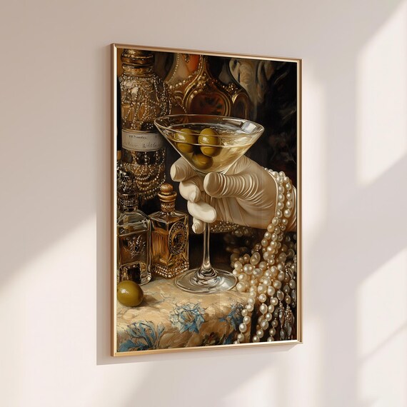 Vintage Oil Painting Gloved Hand Holding Martini With Pearls Poster