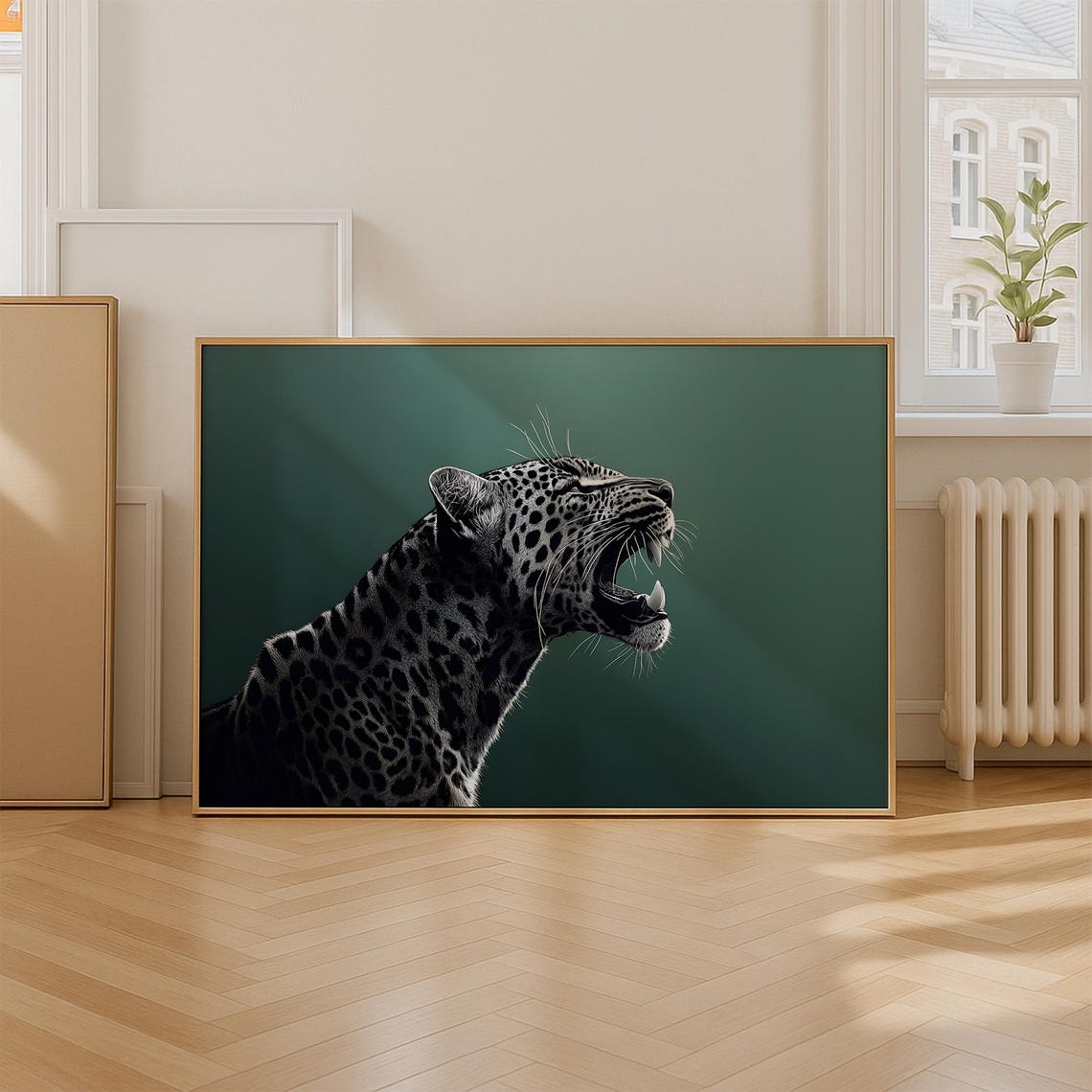 Roaring Leopard Head Profile On Dark Green Background Poster