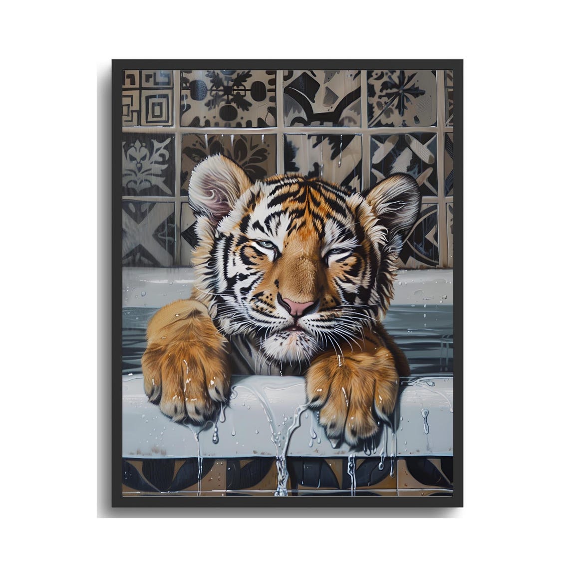 Wet Baby Tiger Cub Soaking in a Bathtub Cute Funny Animal Bath Poster