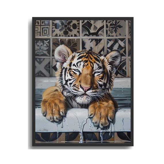 Wet Baby Tiger Cub Soaking in a Bathtub Cute Funny Animal Bath Poster