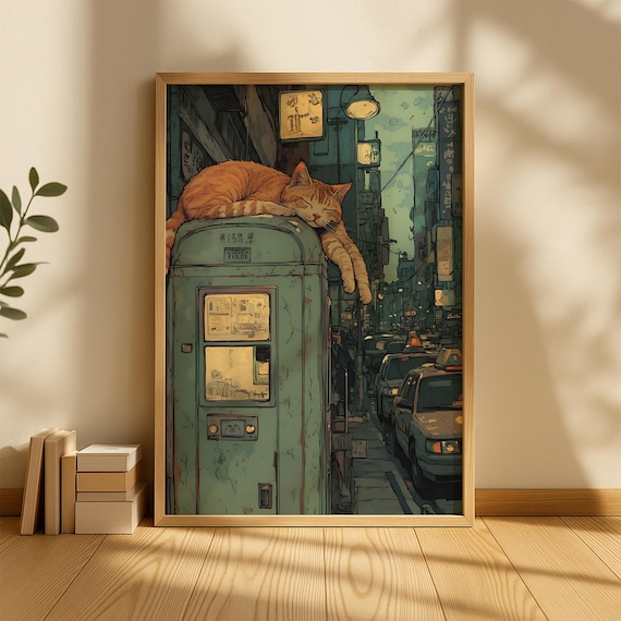 Orange Tabby Cat Sleeping On Payphone In Neon Tokyo Street Poster