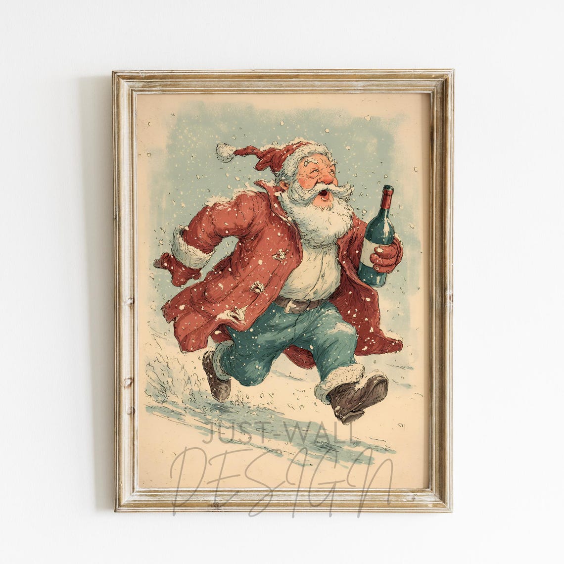 Laughing Santa with Wine Bottle Snowy Vintage Christmas Poster