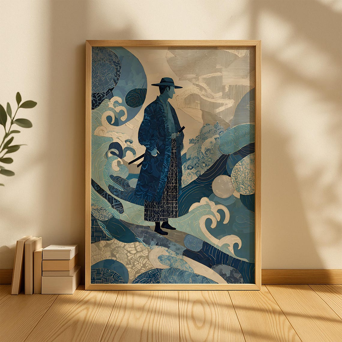 Blue Collage Samurai Standing Among Swirling Ocean Waves Poster