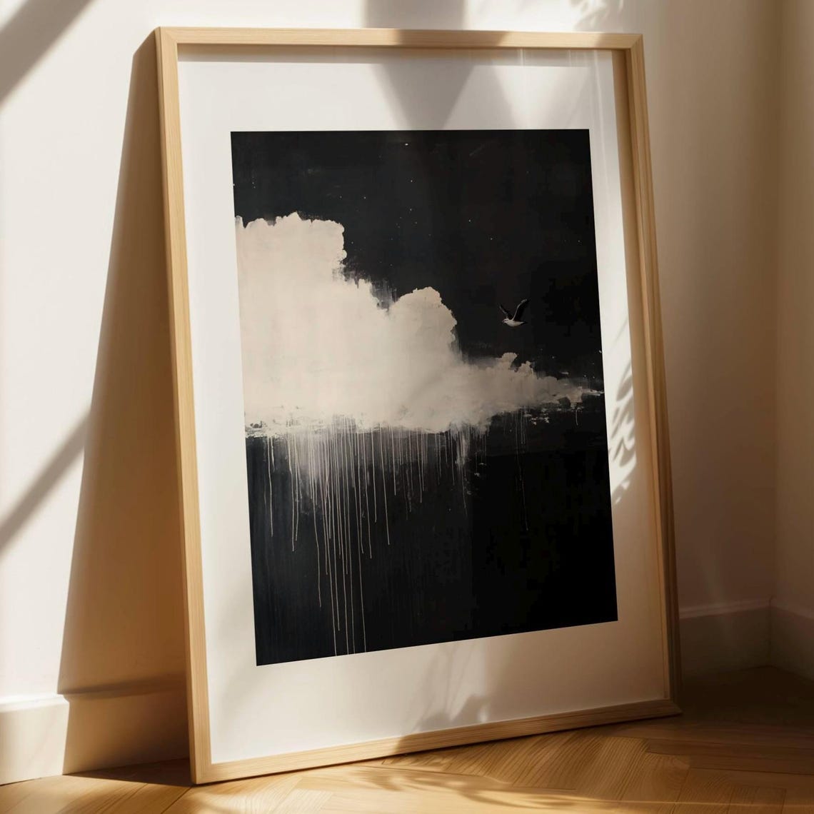 White Cloud Black Sky Single Bird Minimal Abstract Art Print