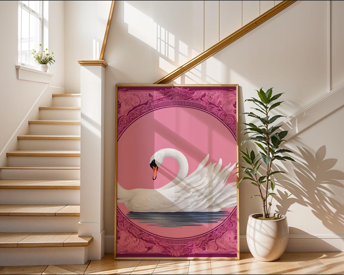White Swan on Pink Poster with Vintage Ornate Frame Coquette Art - Image 2