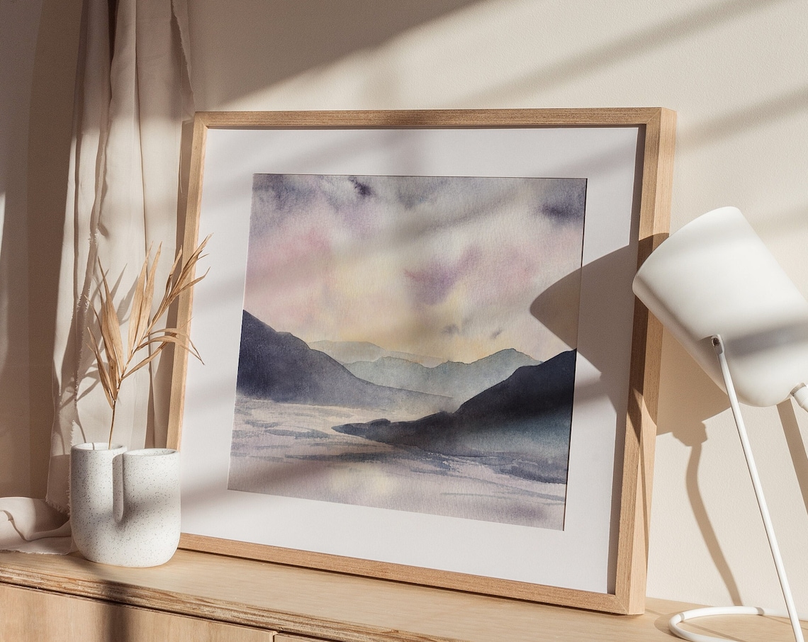 Misty Purple Mountain Lake Poster Soft Watercolor Landscape Scene