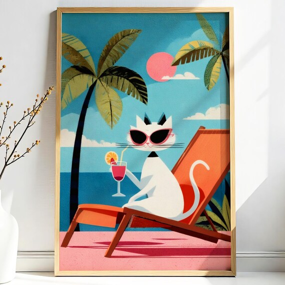 Atomic Age White Cat in Sunglasses Sipping Beach Cocktail Print