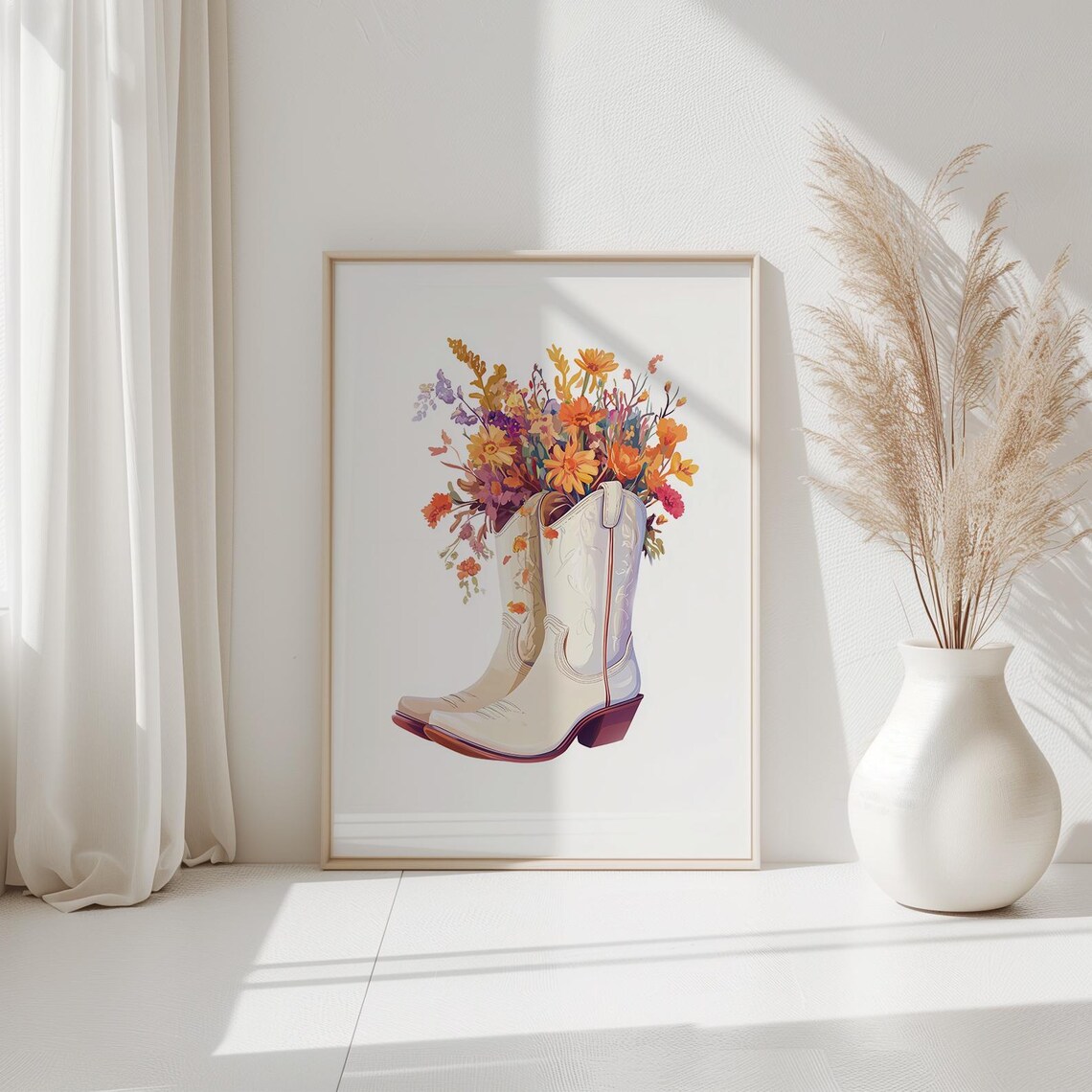 White Cowboy Boots with Autumn Wildflowers Western Decor Poster