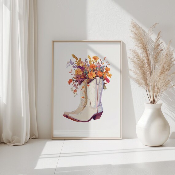 White Cowgirl Boots Art Autumn Floral Western Nursery Wall Print Coastal Fall