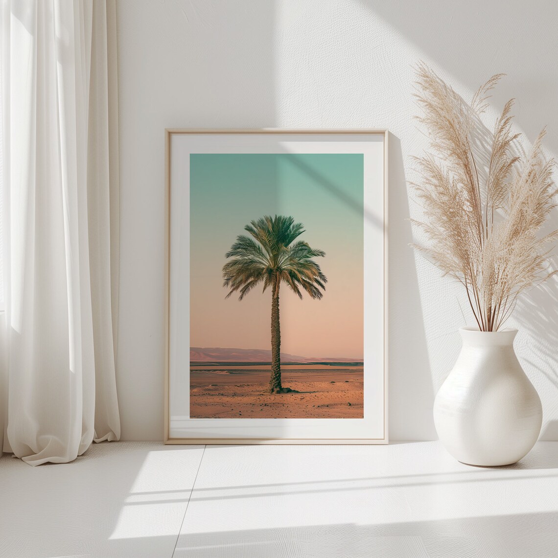 Lone Palm Tree Desert Landscape Art Print Boho Pastel Poster Summer Vibe Tropical Prints Home Decor