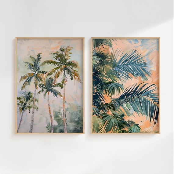 Set Of Two Tropical Palm Pastel Paintings Coastal Decor Poster