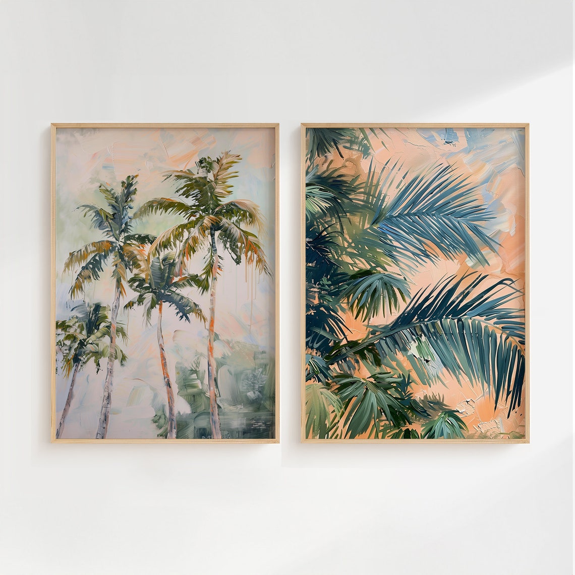 Set Of Two Tropical Palm Pastel Paintings Coastal Decor Poster