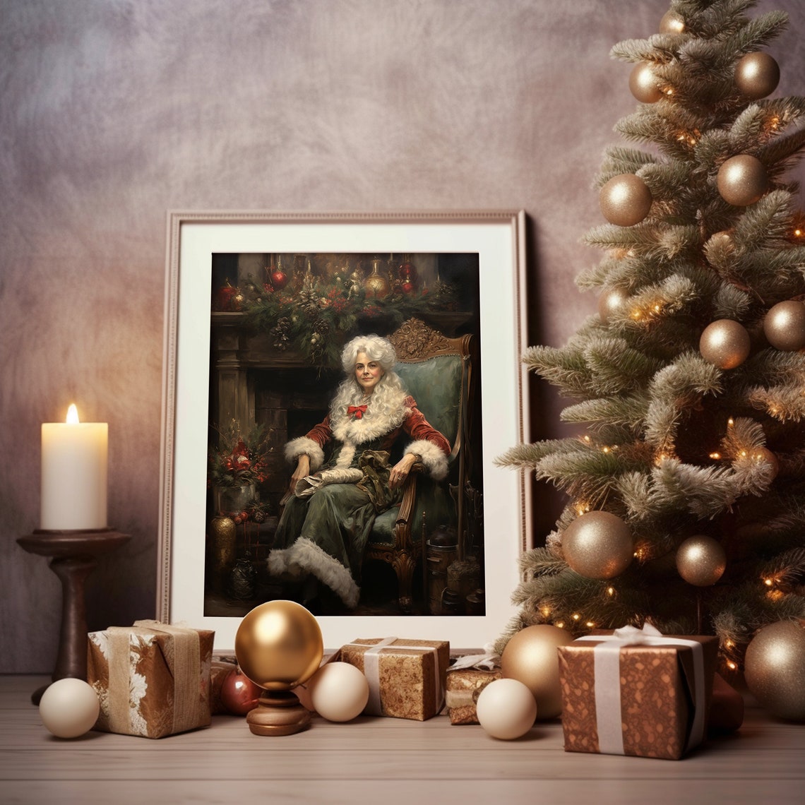 Mrs Claus Seated by a Decorated Fireplace Vintage Christmas Art Poster - Image 5