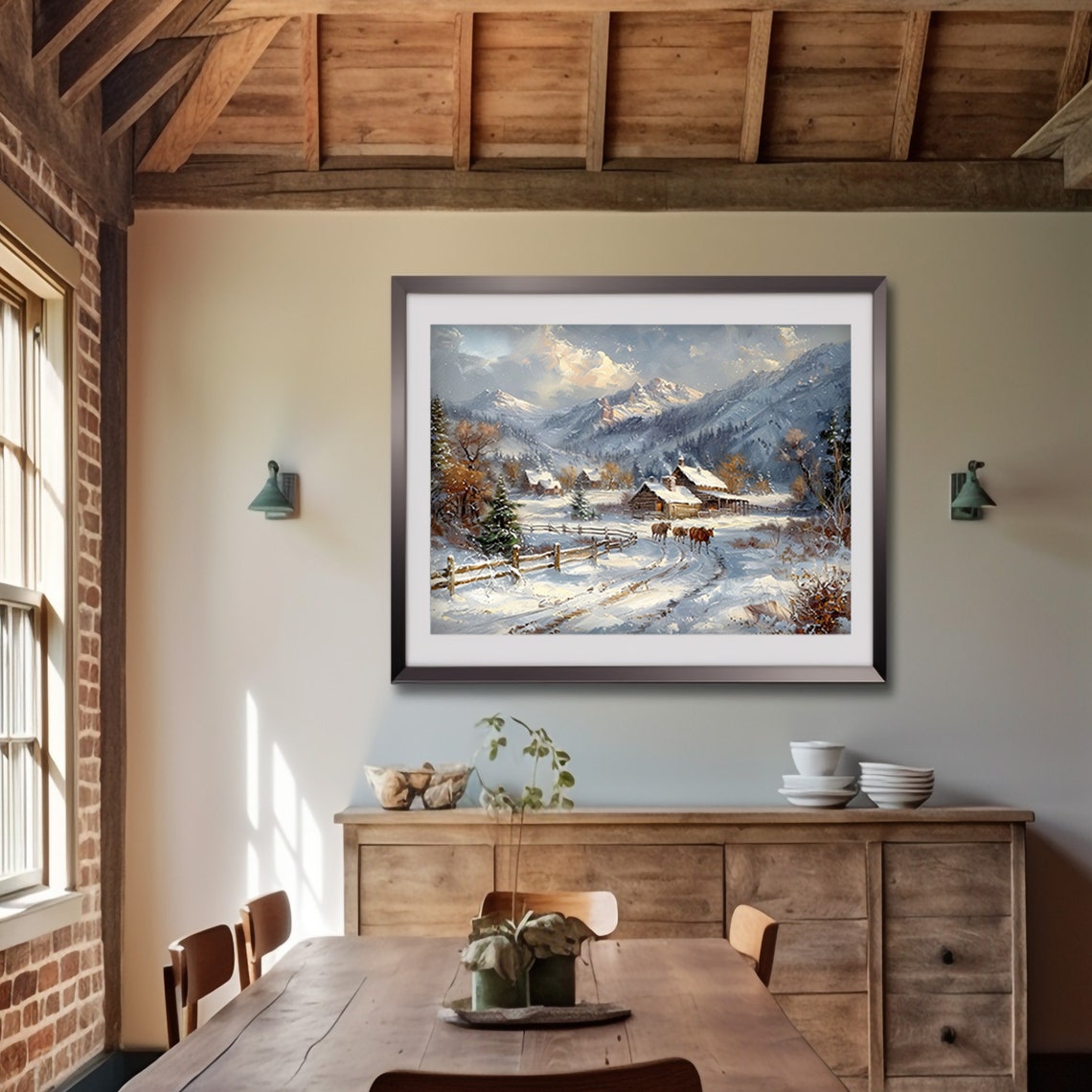 Snowy Mountain Village Cabins Rustic Winter Landscape Painting Poster - Image 6