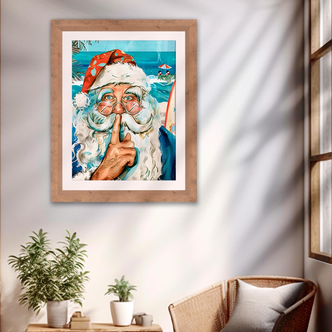 Tropical Beach Santa Claus Finger to Lips Fun Christmas Poster - Image 2