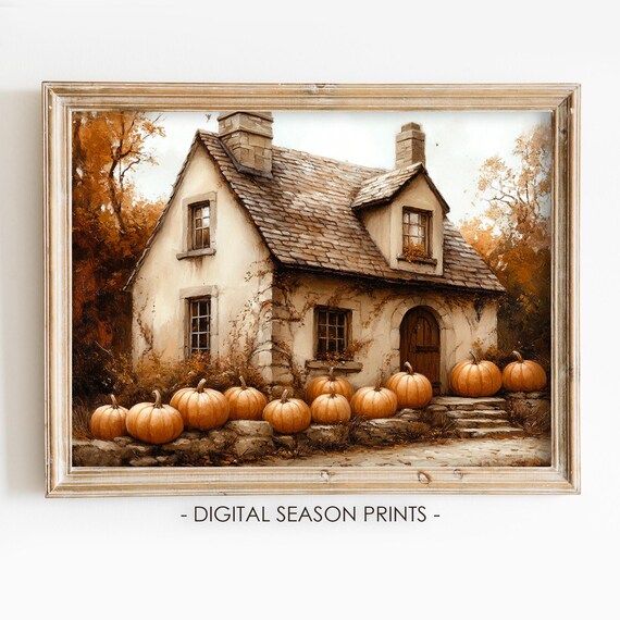 Autumn Cottage Pumpkins Front Porch Rustic Fall Farmhouse Village Poster