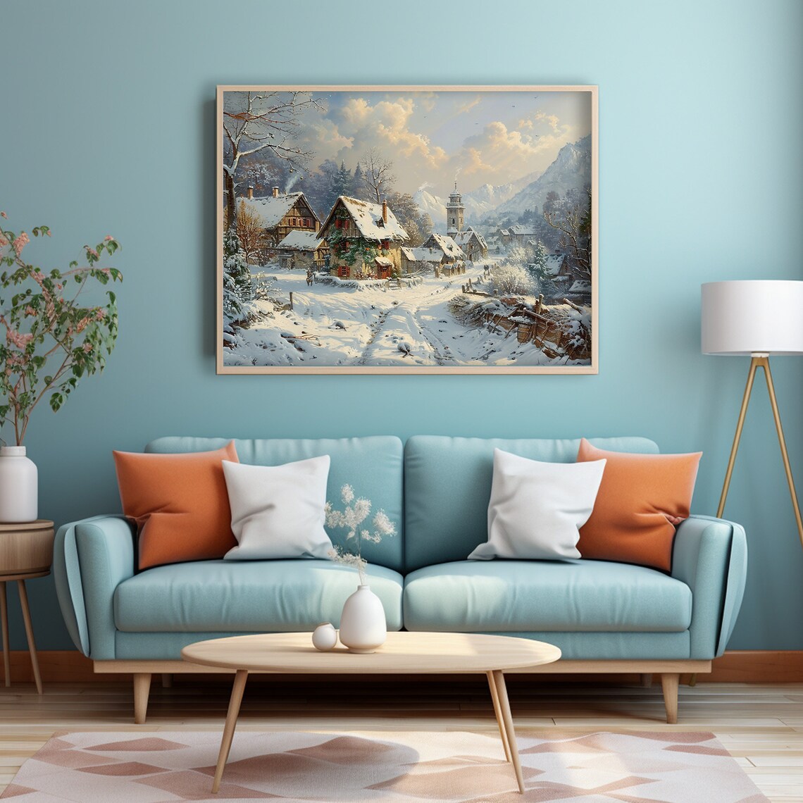 Snowy Christmas Village Church Winter Mountain Landscape Wall Art - Image 5