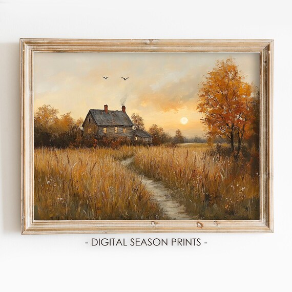Warm Country Cottage at Sunset Golden Wheat Field Autumn Poster