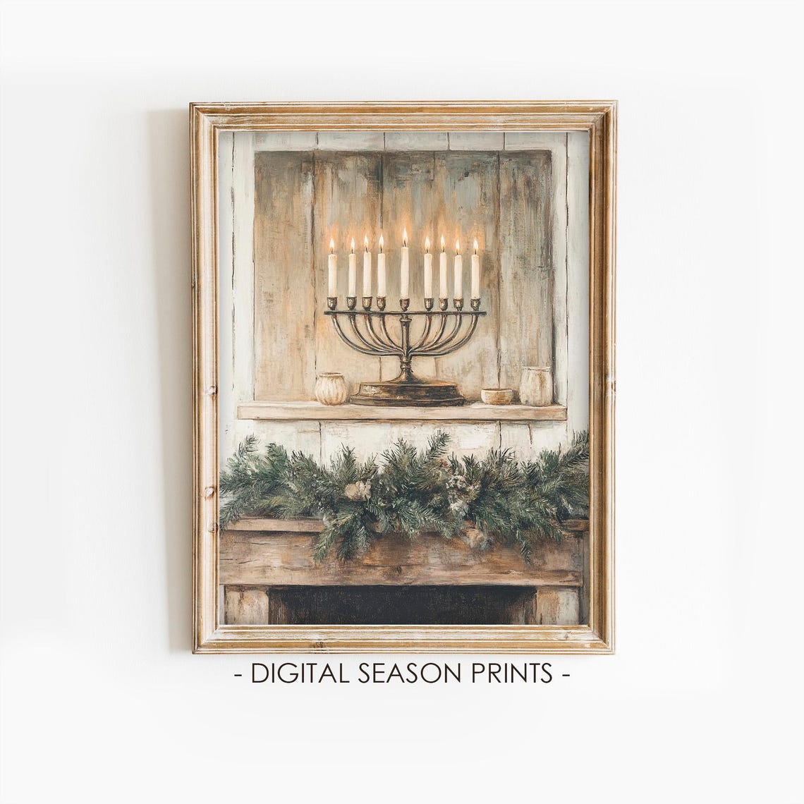 Hanukkah Menorah With Nine Lit Candles On A Rustic Mantel Poster
