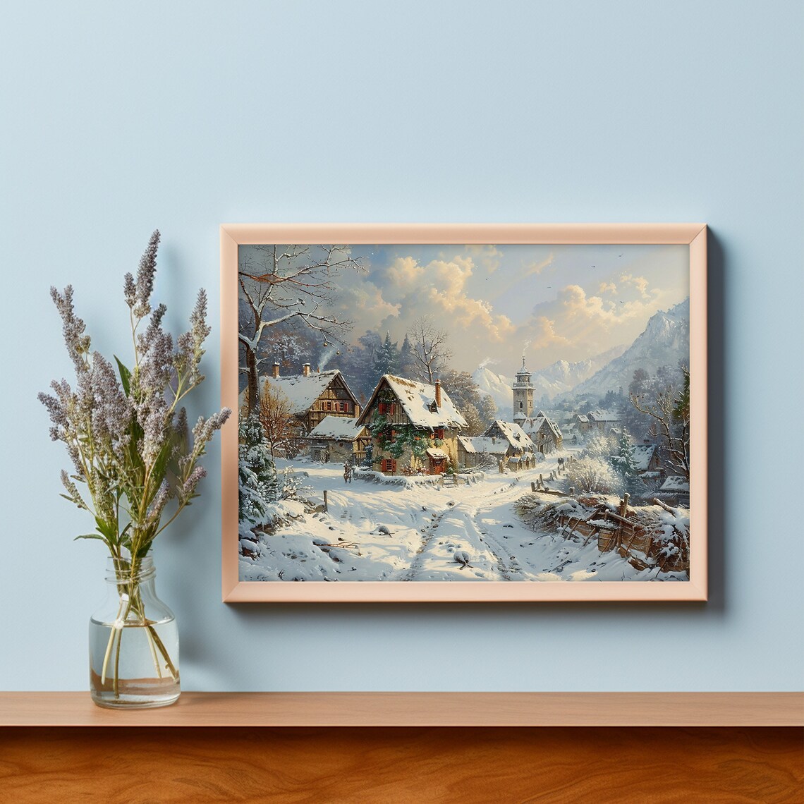 Snowy Christmas Village Church Winter Mountain Landscape Wall Art - Image 3
