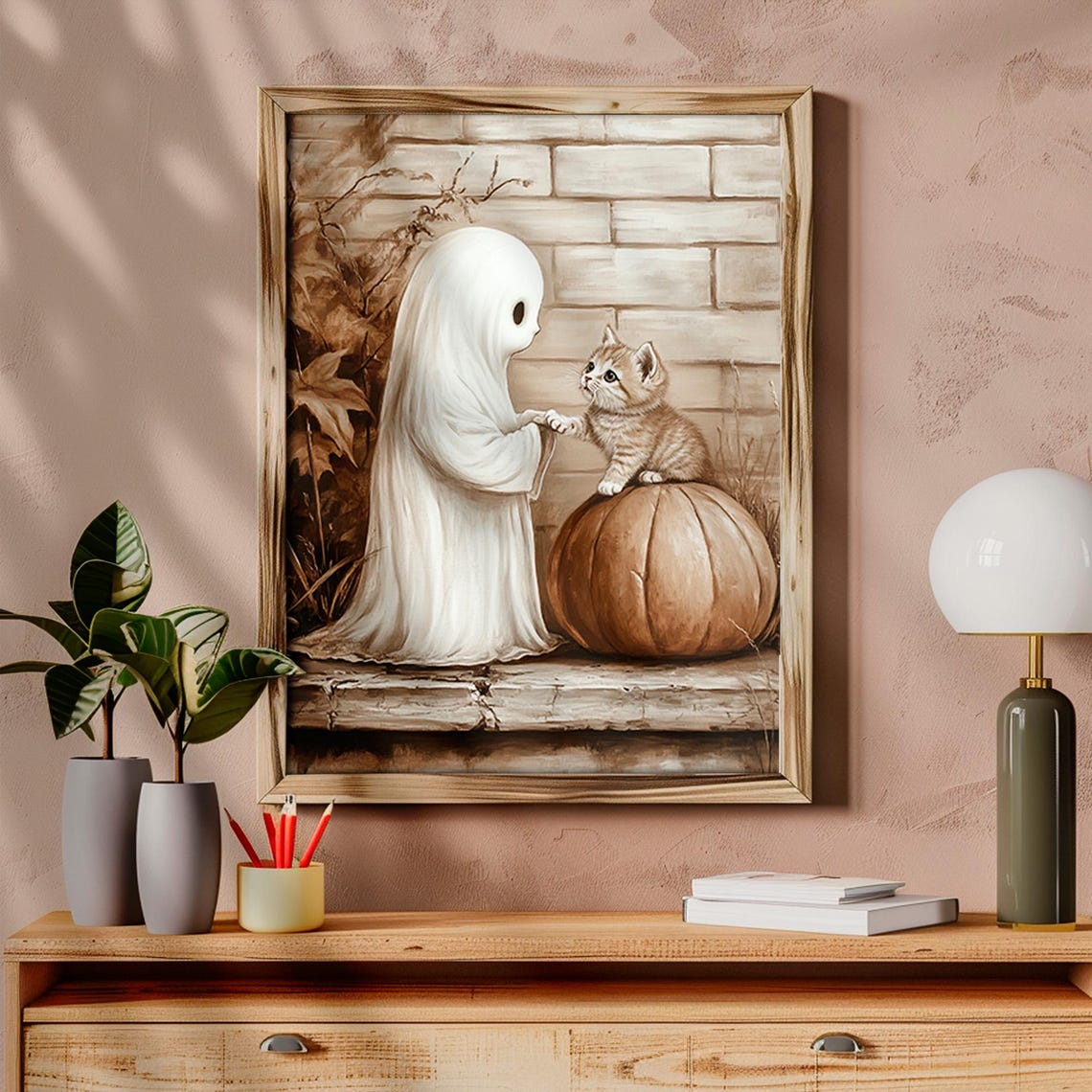Sweet Ghost Kitten Pumpkin Sepia Vintage Halloween Cat Lover Poster - Image 6