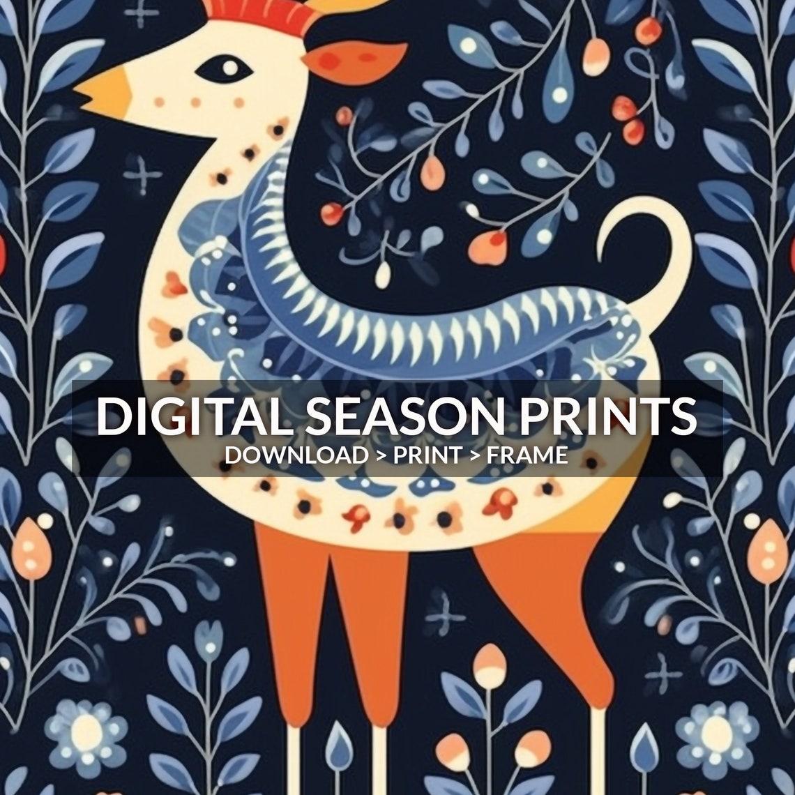 Scandinavian Folk Art Deer Navy Floral Nordic Holiday Animal Poster - Image 6