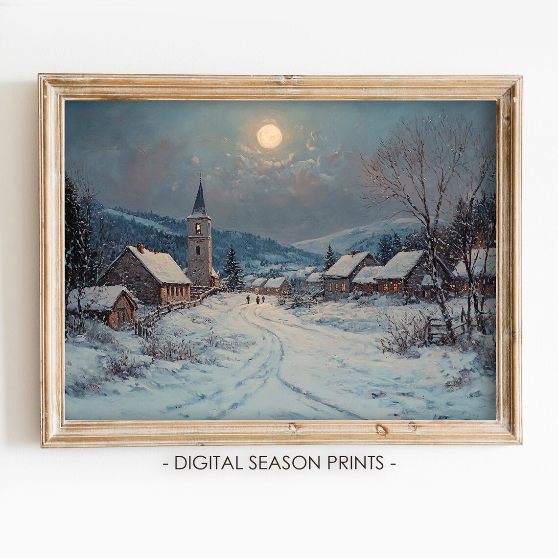 Moonlit Snowy Village With Church Night Mountains Christmas Print