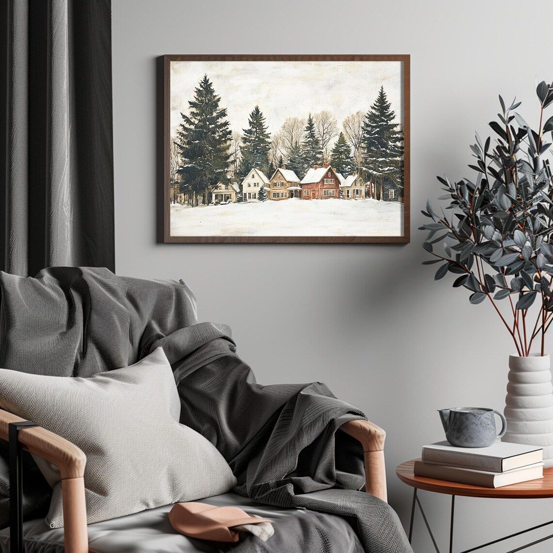 Charming Snowy Village Houses Tall Pines Rustic Winter Poster - Image 4