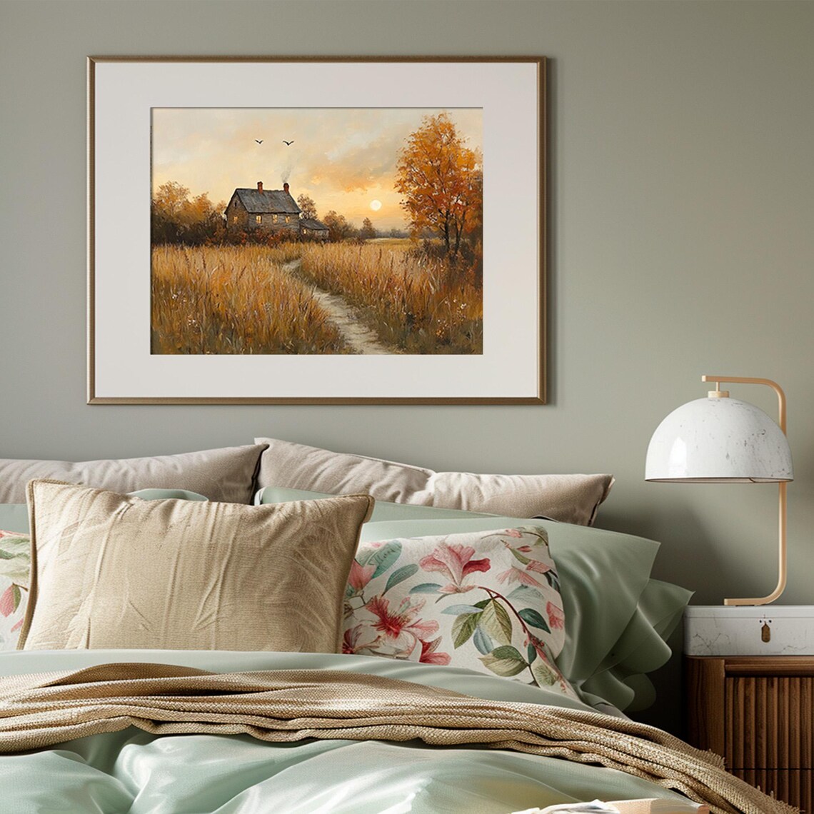 Warm Country Cottage at Sunset Golden Wheat Field Autumn Poster - Image 3