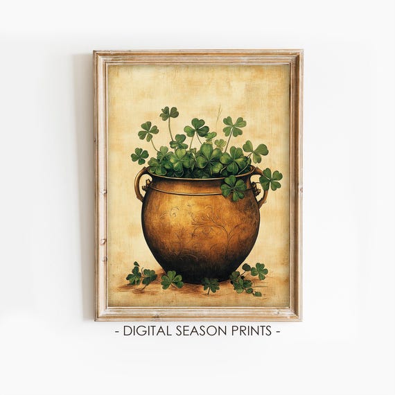 Pot Of Clover Print Vintage St Patricks Day Decor Rustic Irish Wall Art Shamrock Painting