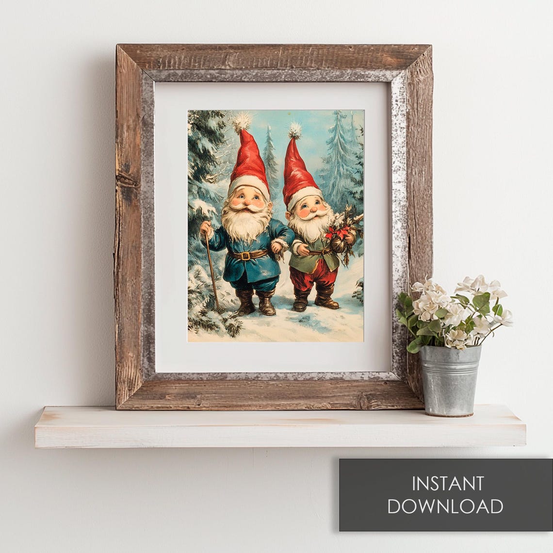 Two Vintage Christmas Gnomes Walking In A Snowy Forest Poster - Image 6
