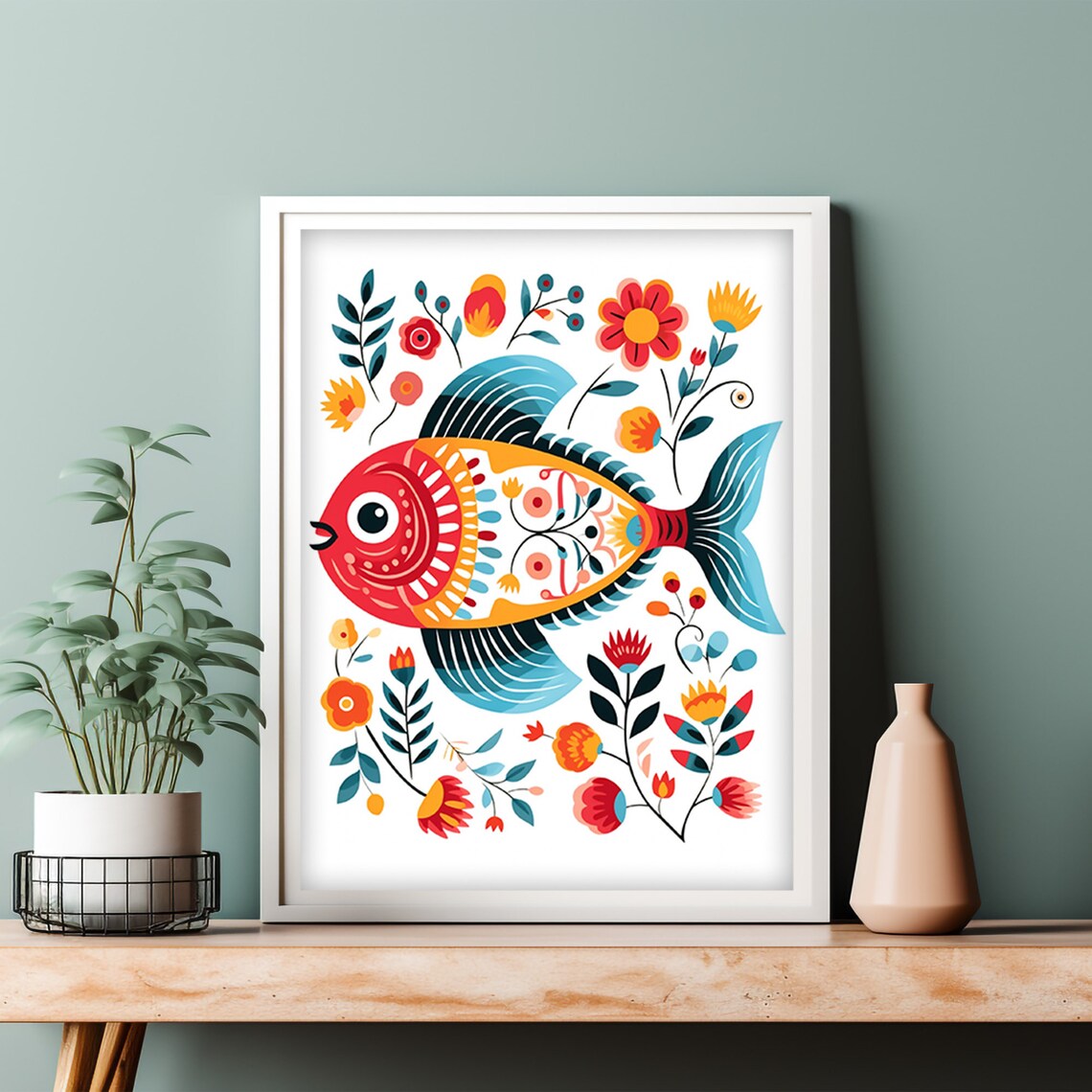 Scandinavian Folk Art Fish Colorful Floral Ocean Animal Art Print - Image 3