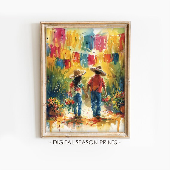 Cinco De Mayo Kids Under Papel Picado Mexican Watercolor Print