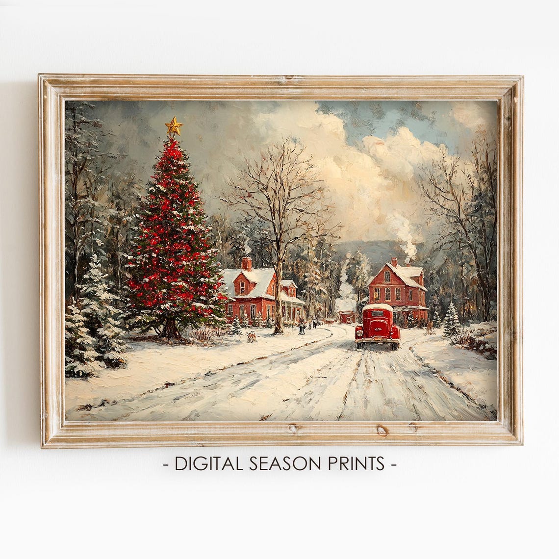 Christmas Tree Town Square with Red Truck Snowy Village Poster
