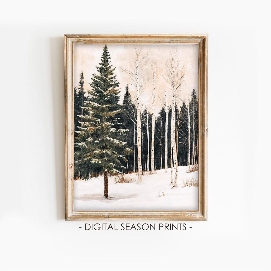 Snowy Birch And Pine Forest In Winter Neutral Beige Wall Art