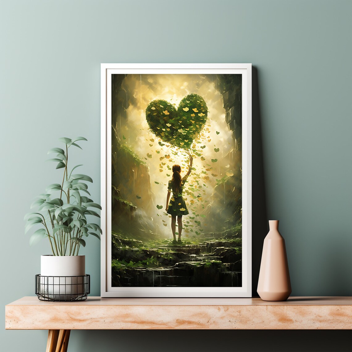 Girl Holding Giant Heart of Green Shamrock Leaves St Patricks Poster - Image 4
