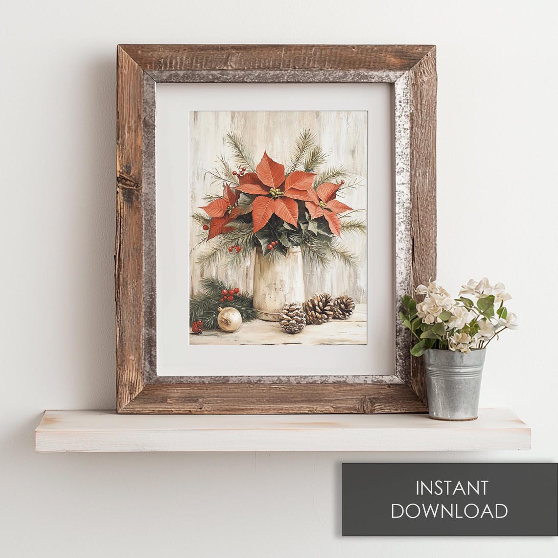 Poinsettia Blooms in a Rustic Pitcher with Pinecones Christmas Poster - Image 6