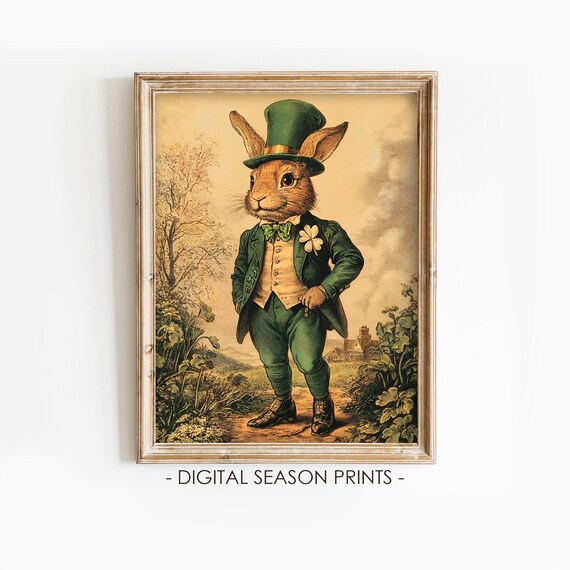 Dapper Bunny In Green Top Hat St Patricks Day Vintage Style Poster