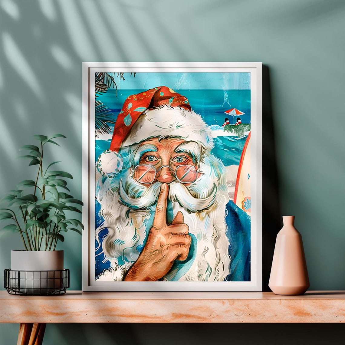 Tropical Beach Santa Claus Finger to Lips Fun Christmas Poster - Image 4