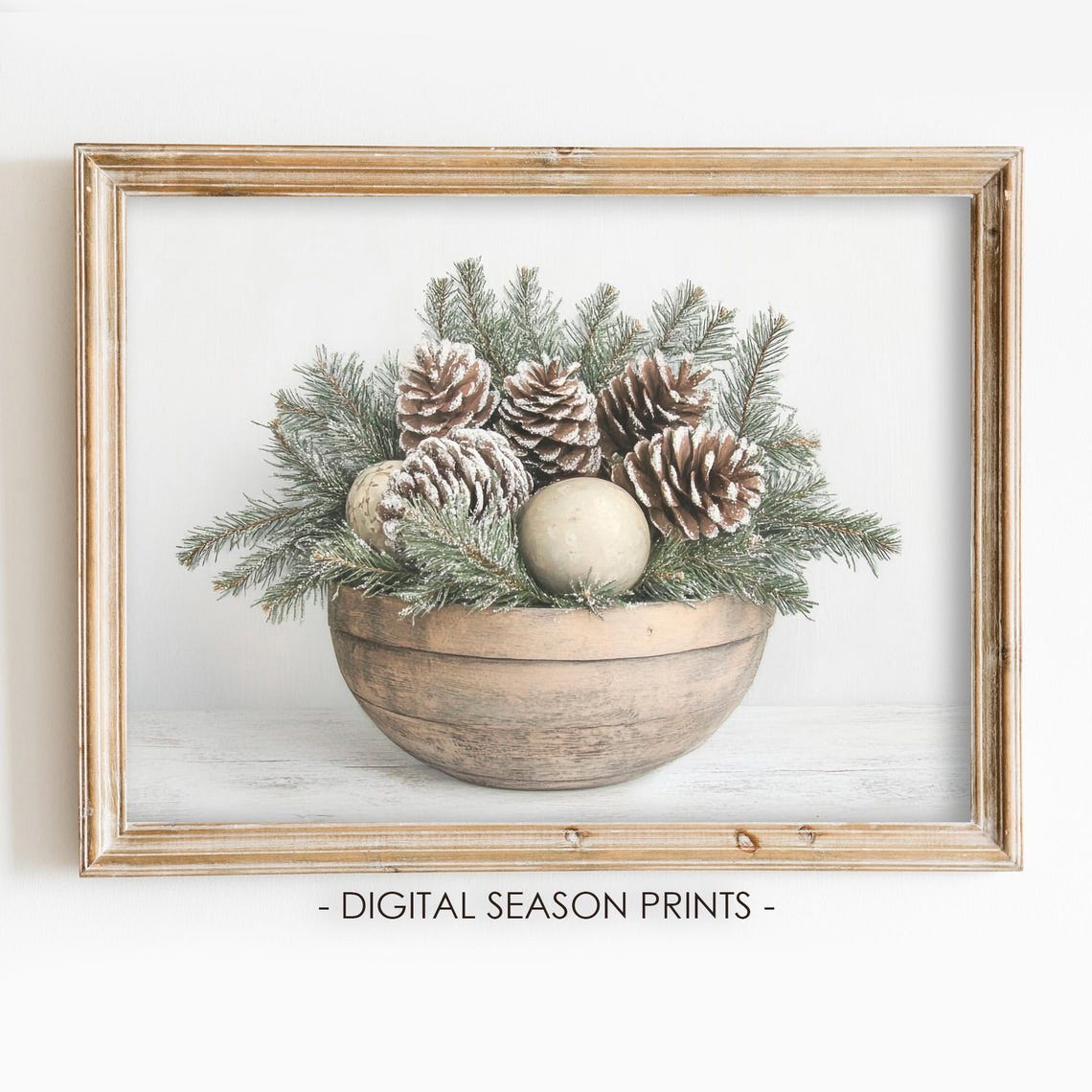 Rustic Frosted Pinecone Winter Bowl Christmas Still Life Wall Art