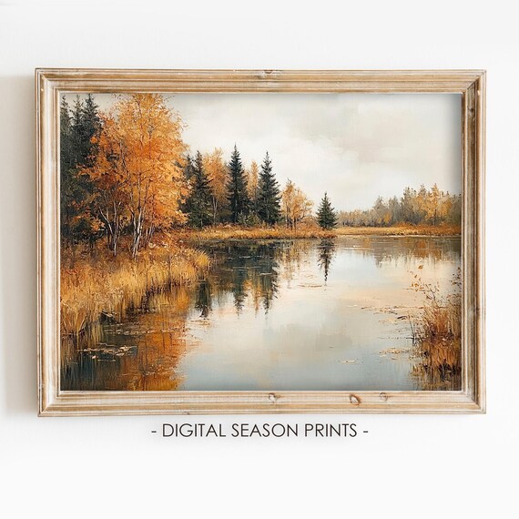 Moody Autumn Lake with Birch Trees Reflection Fall Landscape Poster