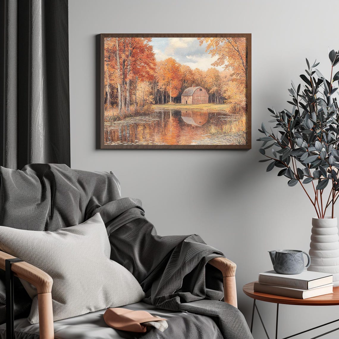Red Barn by an Autumn Pond Fall Reflection Vintage Landscape Poster - Image 4
