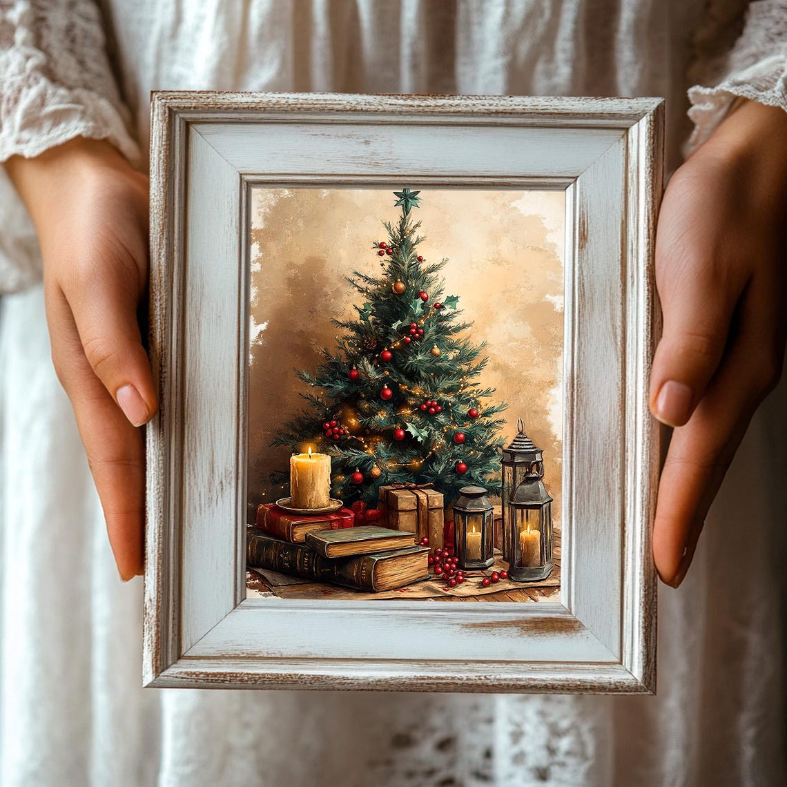 Christmas Tree with Vintage Books Candles and Lanterns Cozy Poster - Image 3