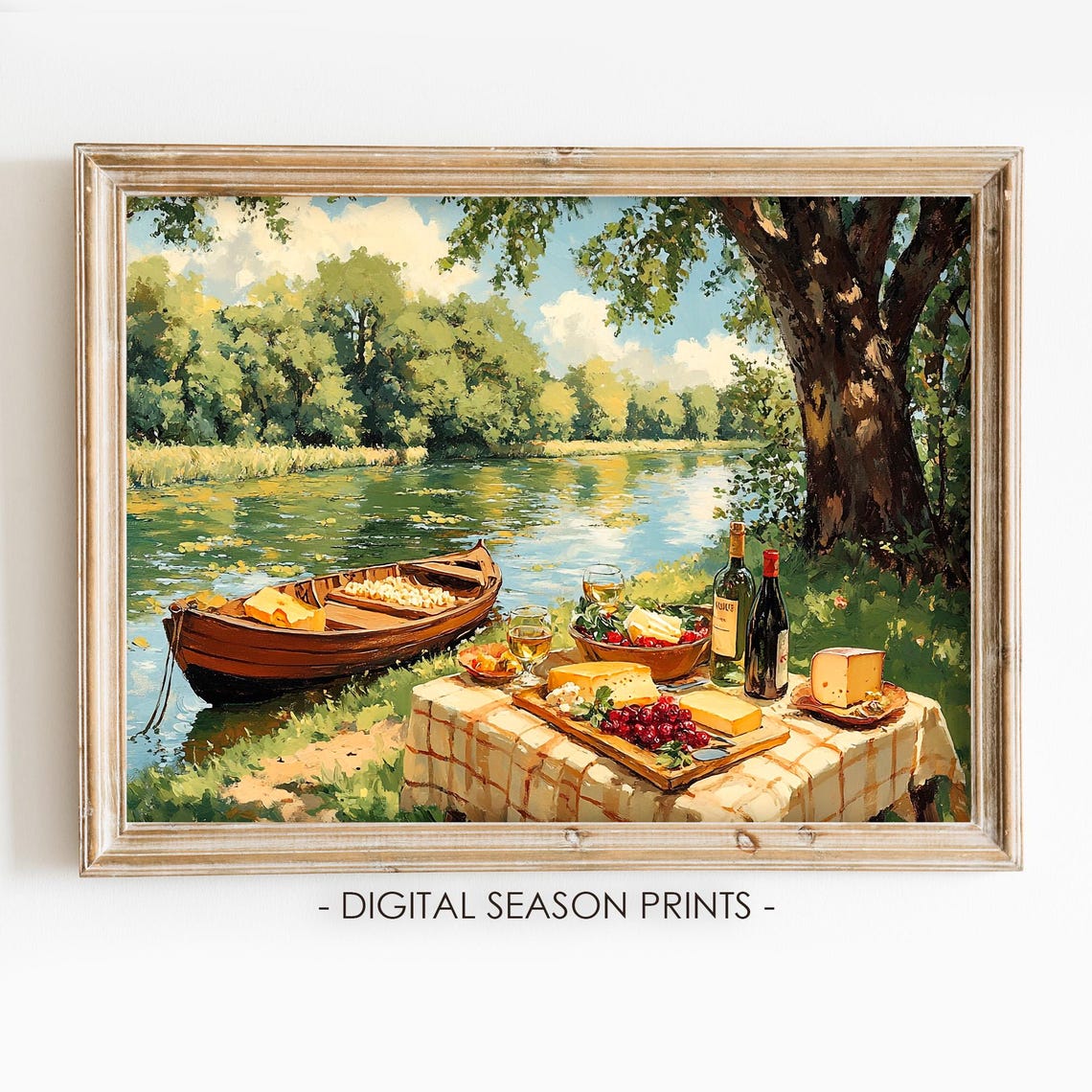 Riverside Picnic Wine Cheese And Grapes Romantic Summer Scene Print