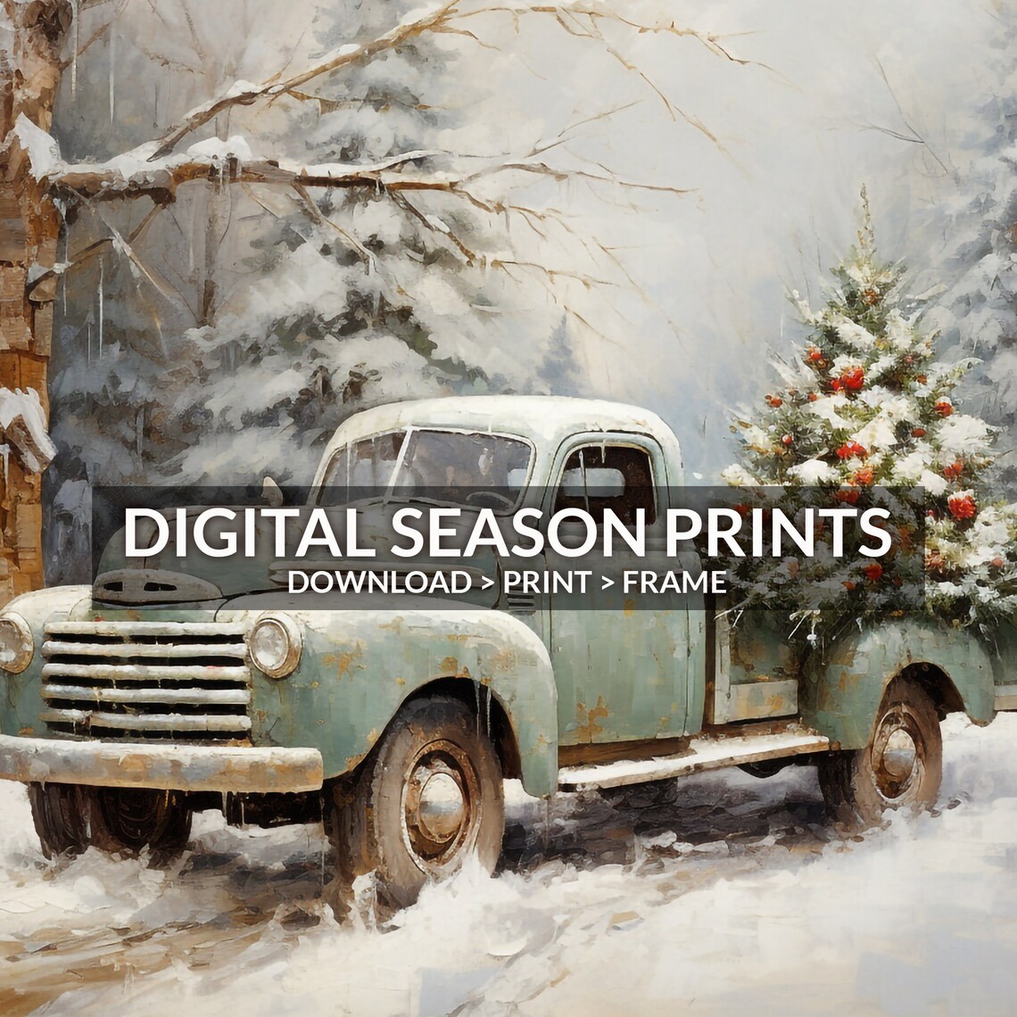 Vintage Pickup Truck Hauling Christmas Tree Snowy Winter Road Poster - Image 6