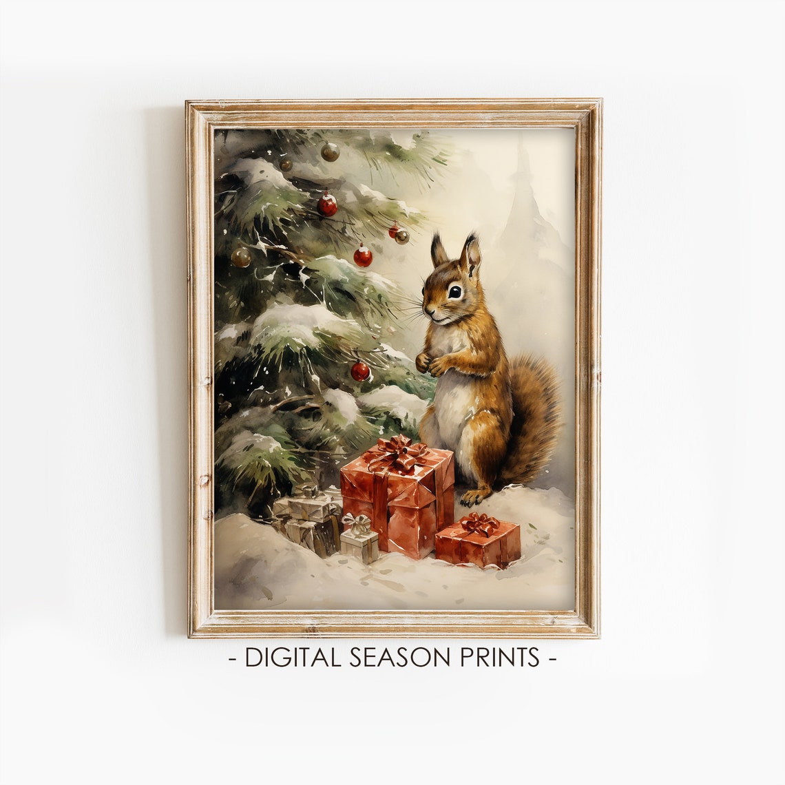 Red Squirrel With Christmas Gifts Under Snowy Pine Tree Print