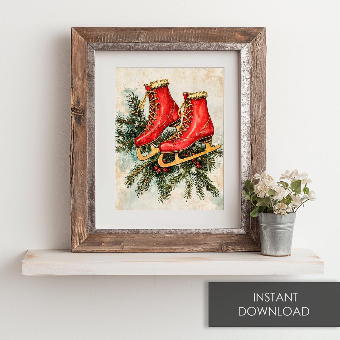 Red Ice Skates Pine Branch Festive Vintage Christmas Wall Art - Image 6
