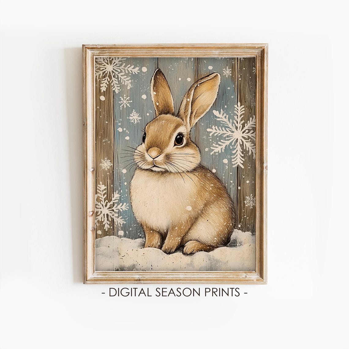 Cute Winter Bunny In Snow With Snowflake Rustic Background Poster
